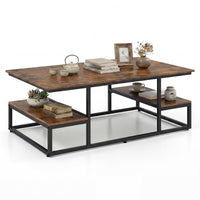 Rectangle Center Table with Open Shelves and Metal Frame for Living Room