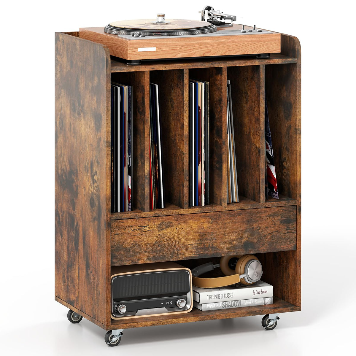 Rolling Turntable Stand with 5 Compartments and Drawer & Open Shelf for Living Room