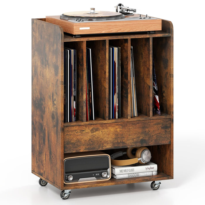 Rolling Turntable Stand with 5 Compartments and Drawer & Open Shelf for Living Room
