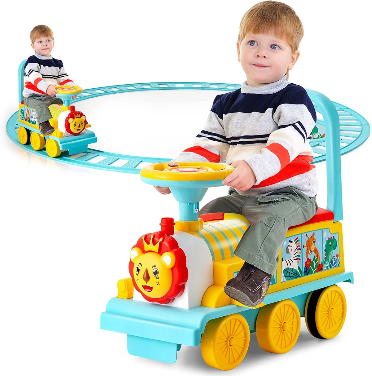 Ride on Train Track, 6V Electric Ride on Train with Tracks, Storage Seat