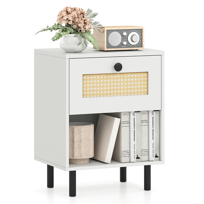 Rattan Nightstand with Drawer and Open Storage Shelf for Living Room and Bedroom