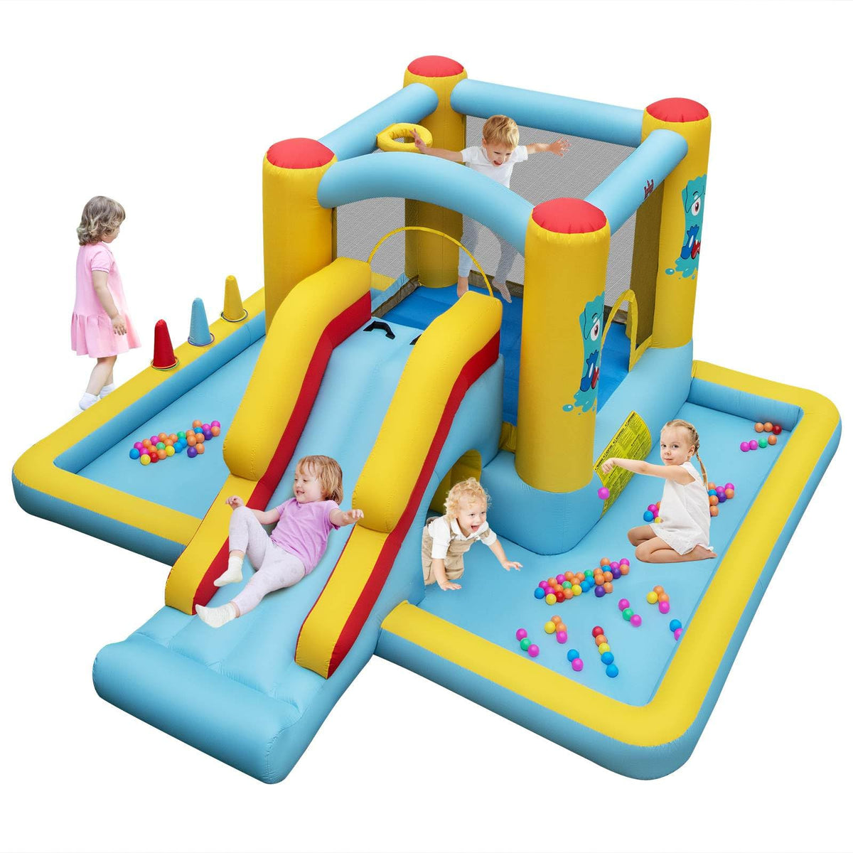 Inflatable Bounce House, 7-in-1 Giant Bouncy Castle with Slide, Tunnel, Basketball Hoop & Ring-toss Game (without Blower)