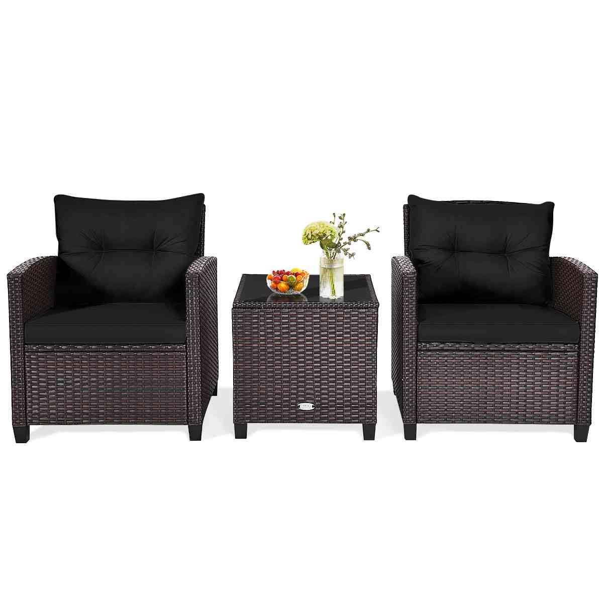 3 Pieces Patio Lounge Set, PE Rattan Wicker Outdoor Sofa Set w/Washable Cushion and Tempered Glass Tabletop