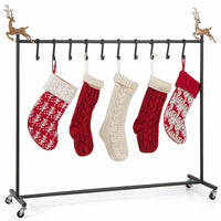 10-Hook Christmas Stocking Holder Stand on Wheels, Heavy Duty Freestanding Rack with 6 Removable Christmas Tree/Reindeer/Snowflake Toppers