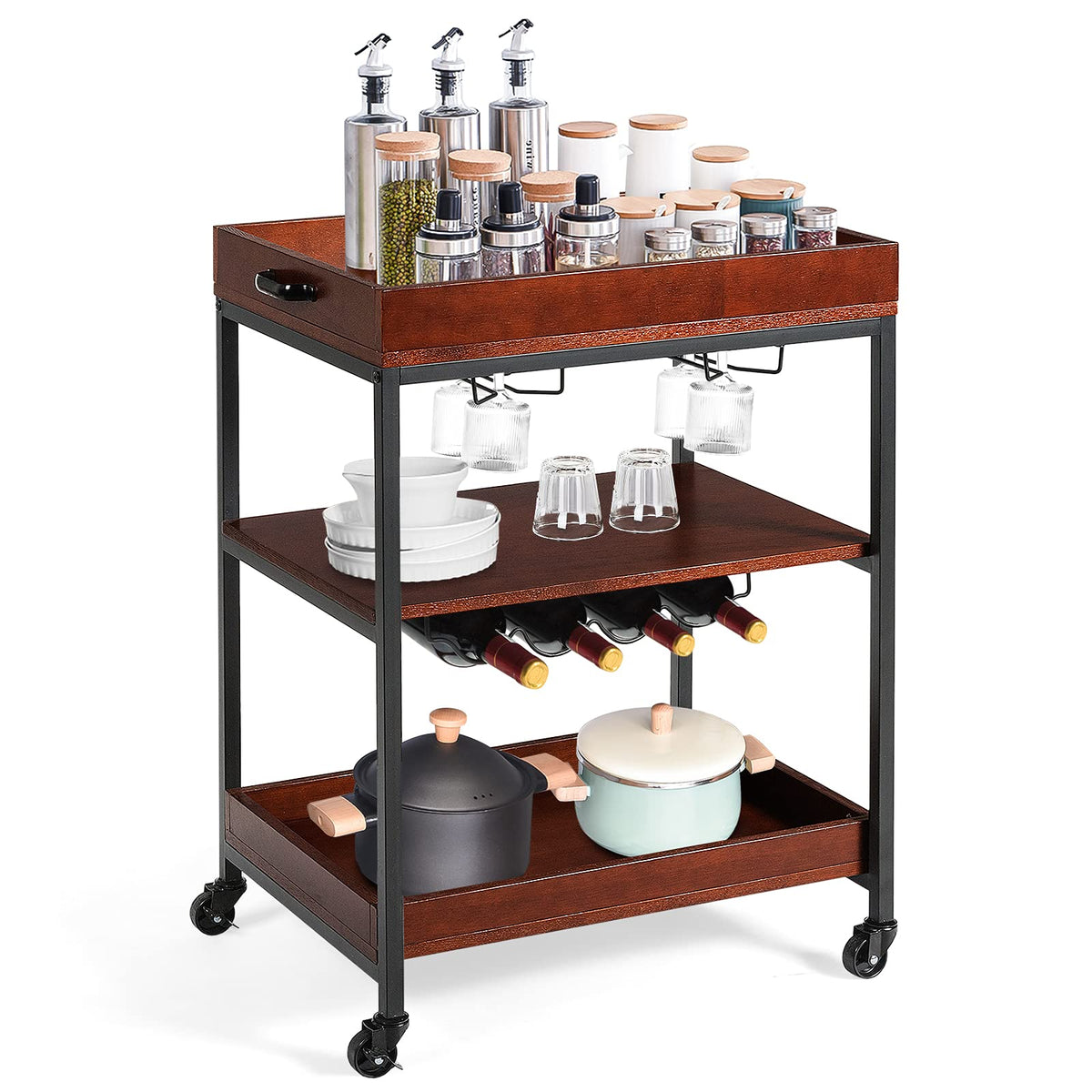 Giantex Kitchen Serving Trolley, 3-Tier Rolling Bar Island Serving Cart, Cart Trolley on Wheels with Handle