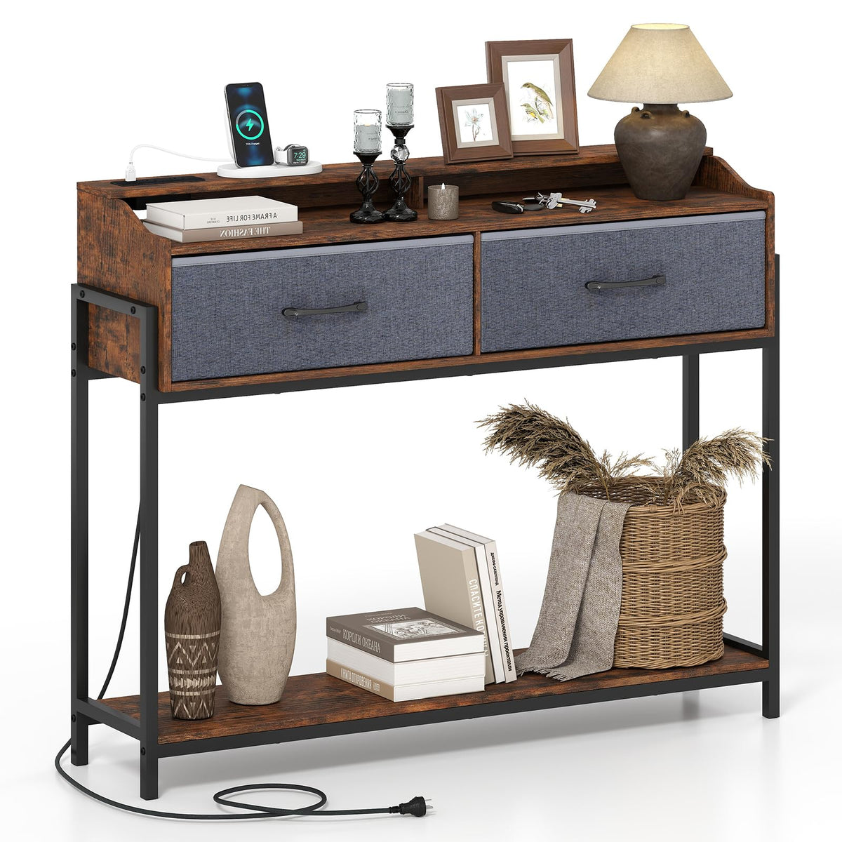 Giantex Console Table with Charging Station, 110 cm Narrow Entryway Table
