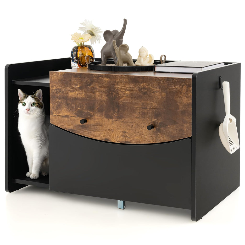 Cat Litter Box Enclosure with Pull-Out Drawer, Rolling Caster, Flip Do ...