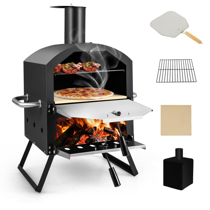 Portable Pizza Oven, Multi-Fuel Outdoor Pizza Maker w/Folding Legs & Portable Handles, 2-Tier Design, Adjustable Air Vents