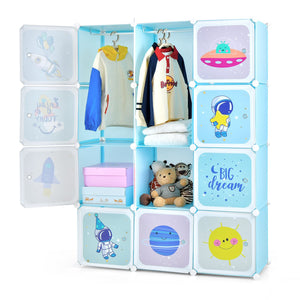 Portable Kids Wardrobe, 12-Cube Baby Closet Organizer for Children with Doors & Hanging Section