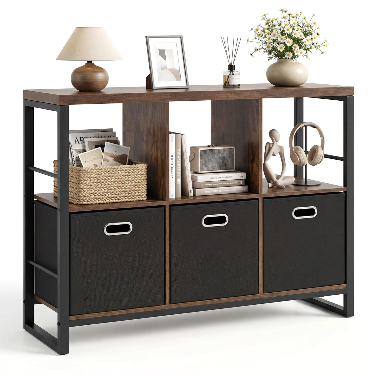 6 Cube Storage Organizer with 3 Bins Industrial Metal Frame Bookshelf 2-Tier