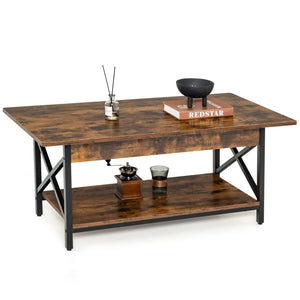 Giantex 2-Tier Industrial Coffee Table, Home Cocktail Table Tea Table with Storage Shelf and X-Shape Steel Frame