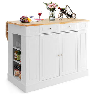 Giantex Kitchen Island with Storage, Kitchen Island Table with Drop Leaf Rubber Wood Countertop, Drawers