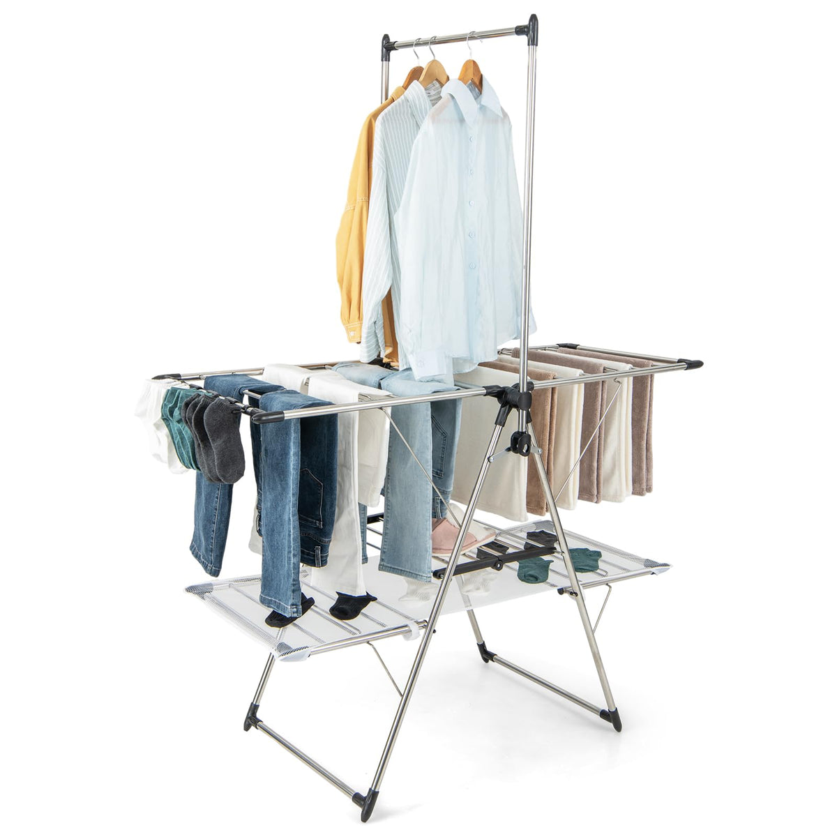 Giantex Foldable Clothes Drying Rack, 2-Tier Laundry Drying Rack with Hanging Bar