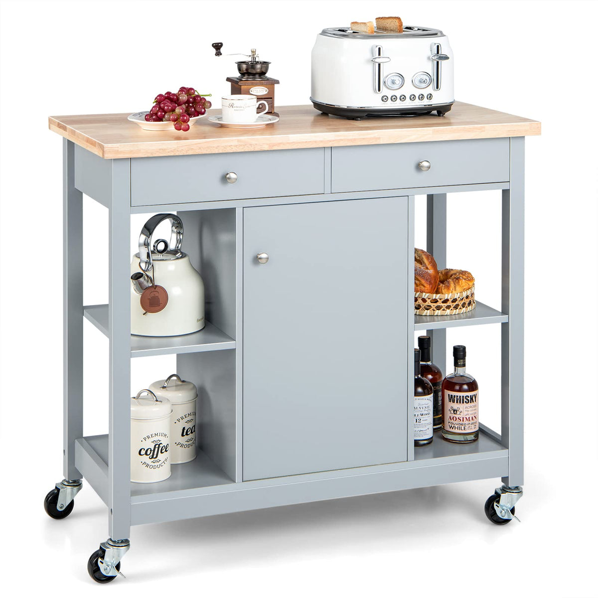 Giantex Kitchen Island on Wheels, Rolling Cart with Open Shelves, Storage Drawers & Cabinet