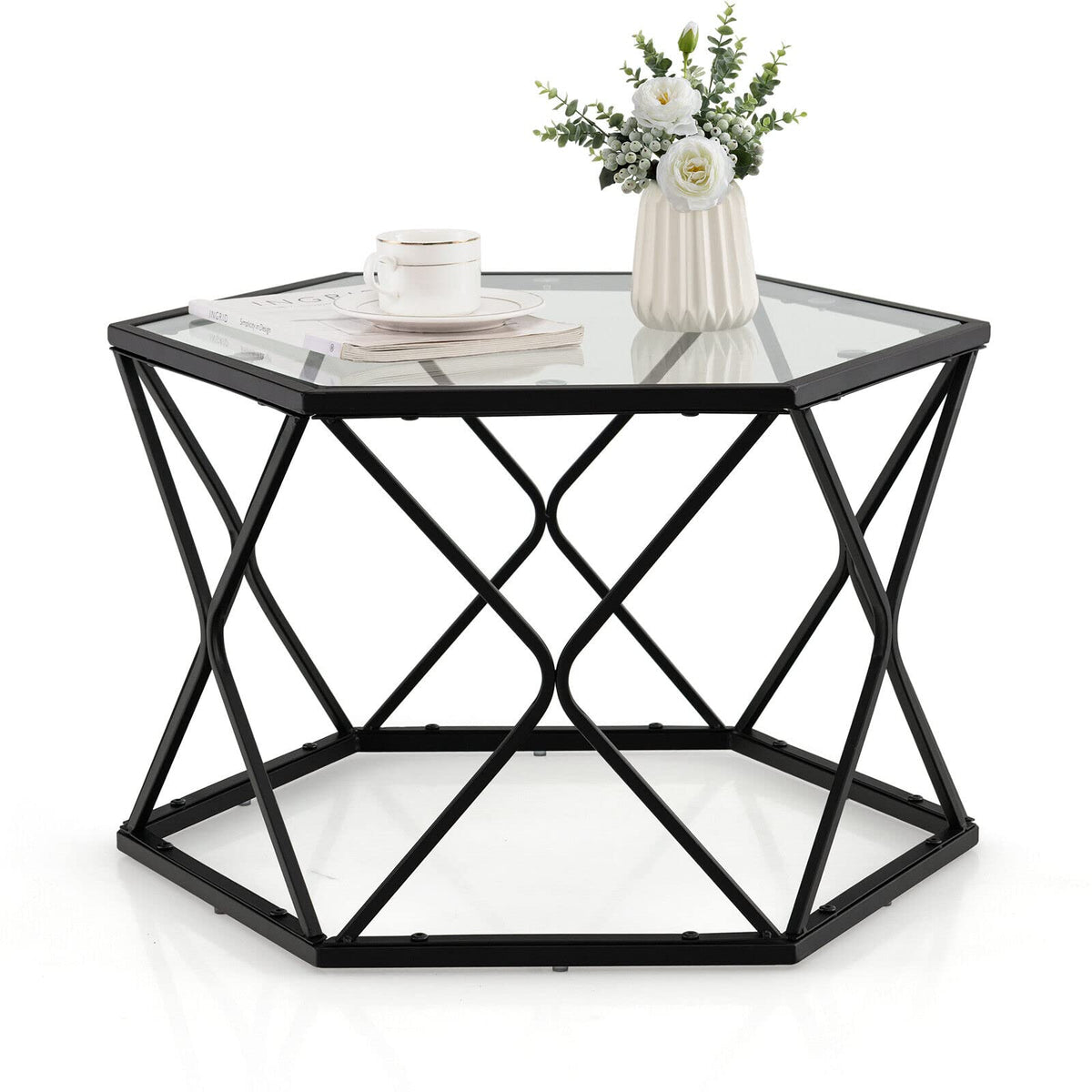 Giantex Geometric Glass Coffee Table, Hexagonal Central Table w/Tempered Glass Top & Metal Frame