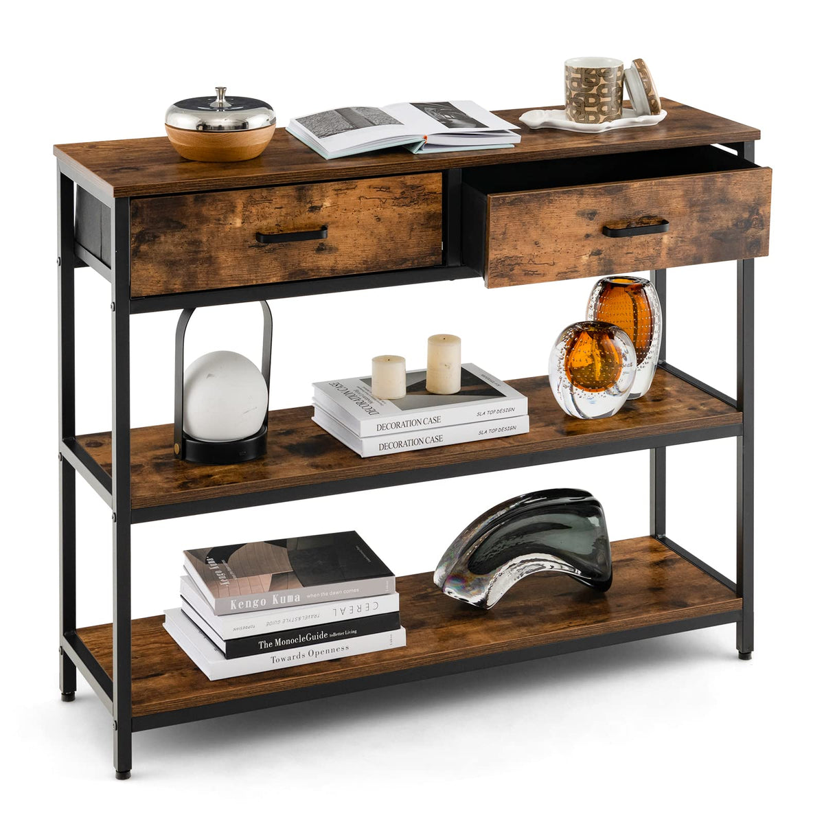 Giantex 100CM Console Table, Behind Couch Table with 2 Folding Fabric Drawers & Shelves , Rustic Brown