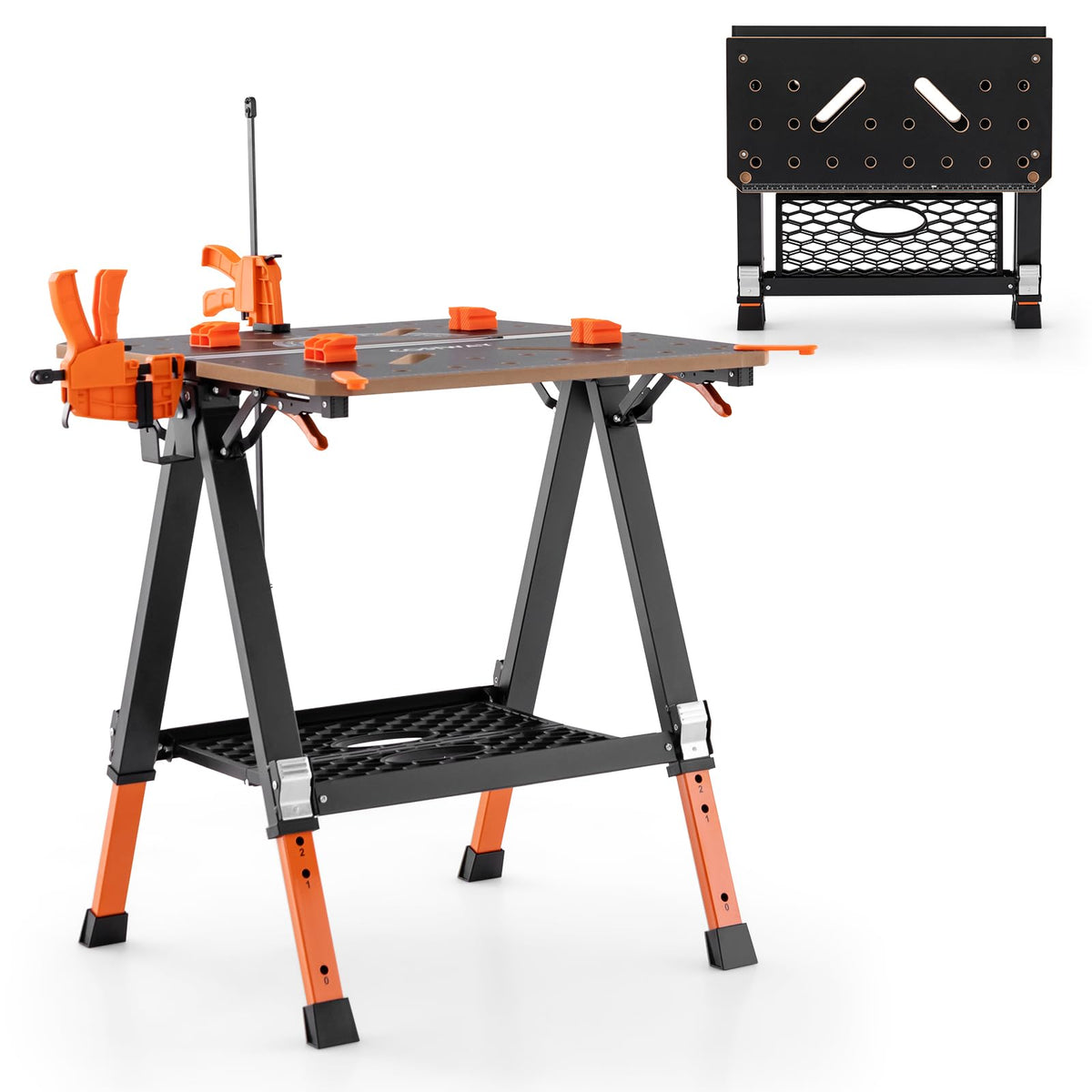 2-in-1 Folding Work Table & Sawhorse, 454 kg Max Load Workbench w/ 2 Quick Clamps & 4 Clamp Dogs