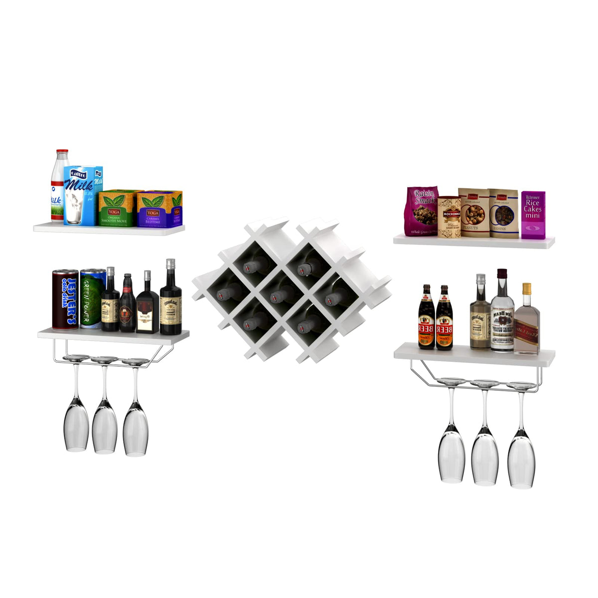 Giantex Set of 5 Wall Mounted Wine Rack Set w/Storage Shelves and Glass Holder