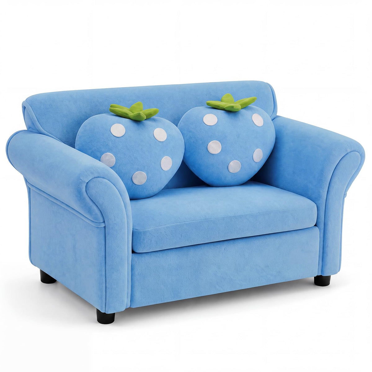 Kids' Couch with 2 Strawberry Throw Pillows with Flannel Upholstery and Solid Wooden Frame