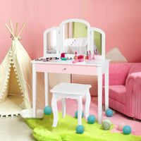 Kids Vanity Table and Chair Set, Princess Makeup Dressing Table with Drawer & Tri-Folding Mirror