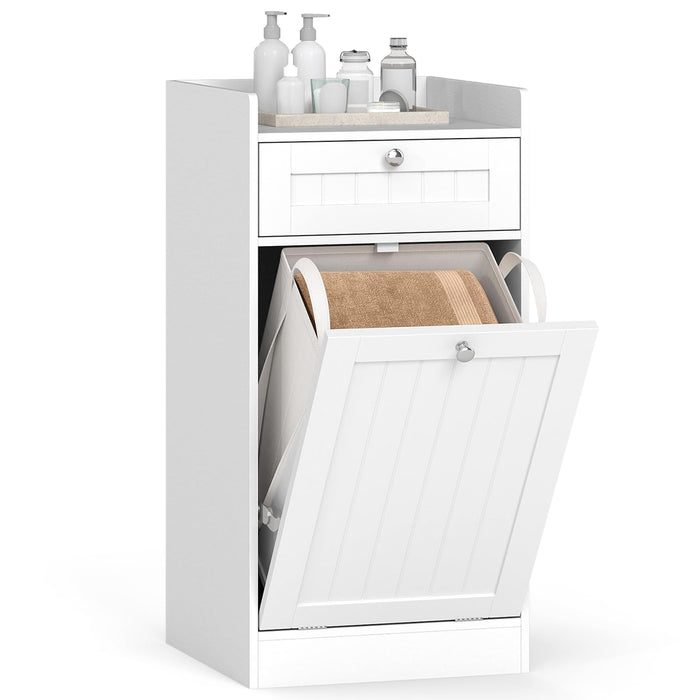 Tilt-Out Laundry Hamper Cabinet Freestanding Bathroom Storage Cabinet with 1/2 Shelf
