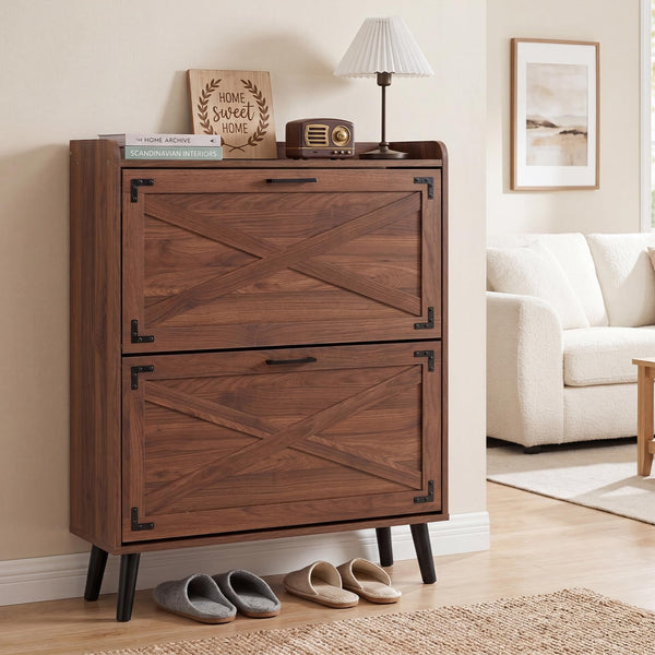 Narrow Shoe Cabinet with 2 Flip Drawers and Adjustable Shelves