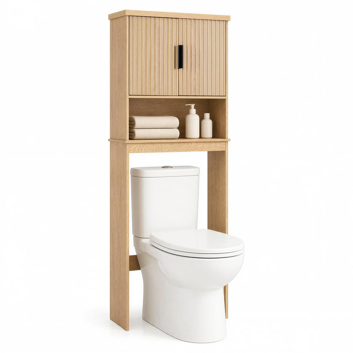 Over The Toilet Storage Cabinet with Fluted Doors Freestanding Bathroom Organizer