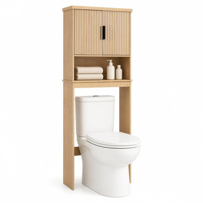 Over The Toilet Storage Cabinet with Fluted Doors Freestanding Bathroom Organizer