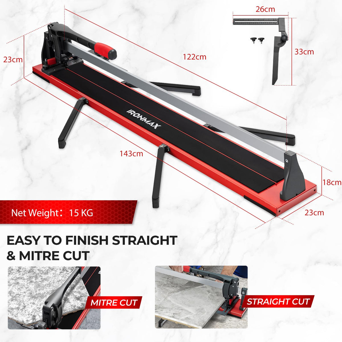 122cm Manual Tile Cutter Precision Ceramic Porcelain Cutting Machine 4 Adjustable Brackets