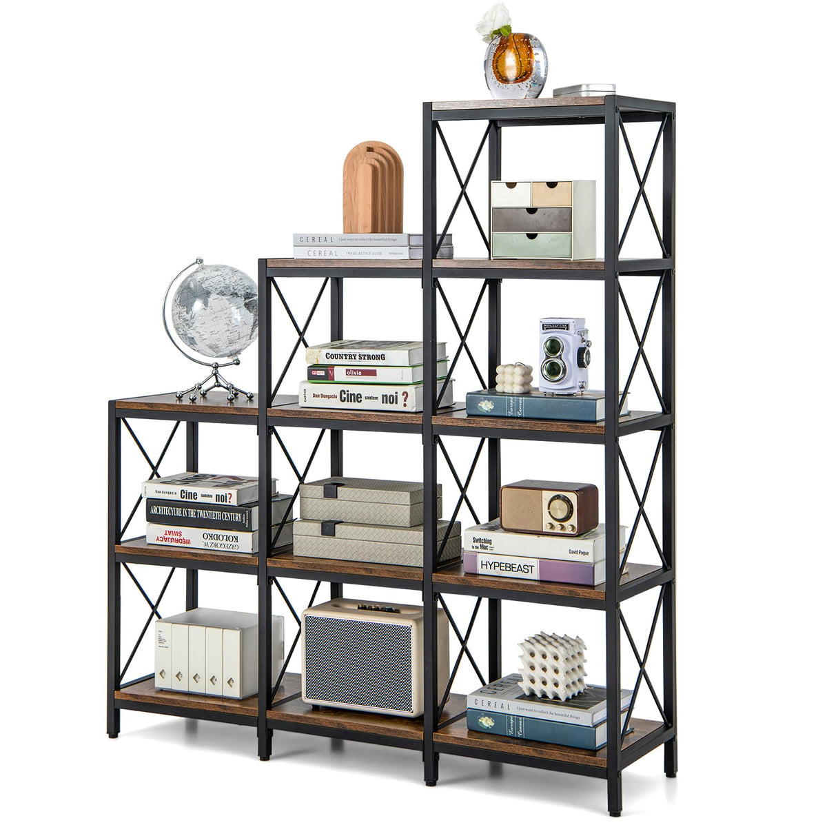 Giantex 5-Tier Bookshelf, 9 Cubes Bookcase w/Carbon Steel Frame