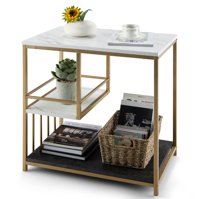 Giantex White Marble Side Table, 3-Tier End Table w/Golden Polished Steel Frame, Marble & Golden