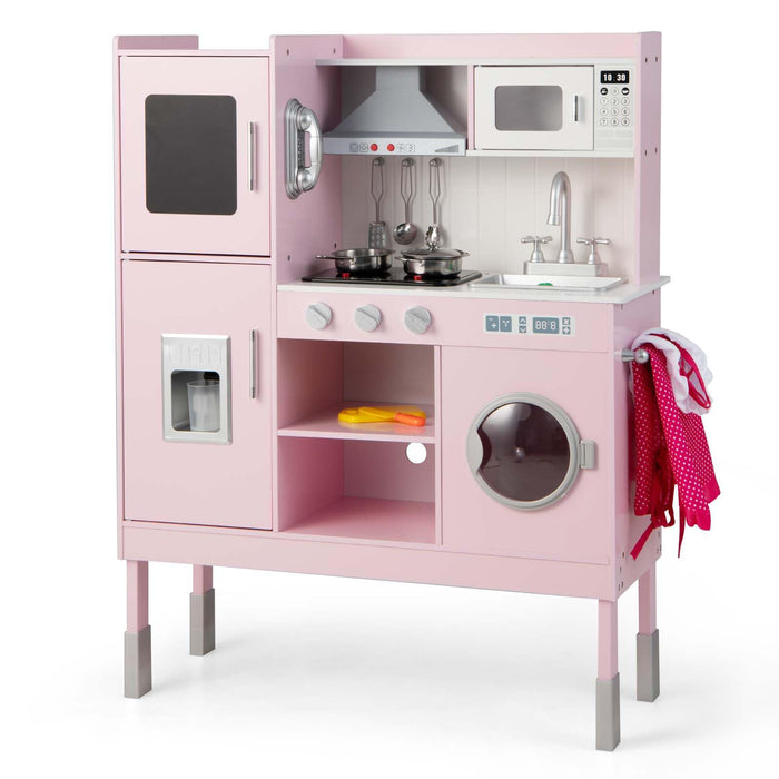 Wooden Play Kitchen Pretend Play Kitchen Toy Playset with Real Sounds and Lights