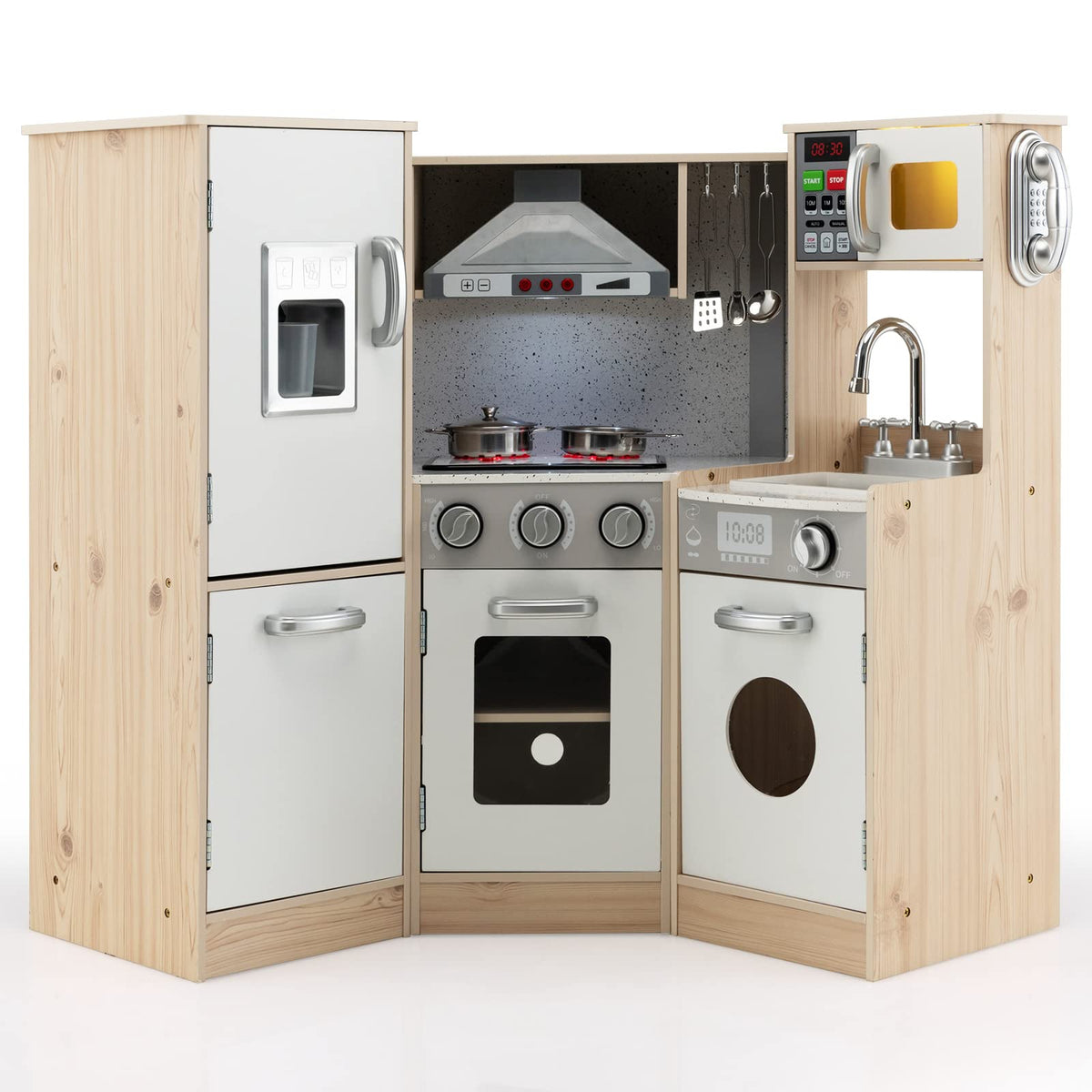 Kids Corner Kitchen Playset, 9-in-1 Wooden Pretend Play Kitchen Toy Set w/Realistic Light & Sound