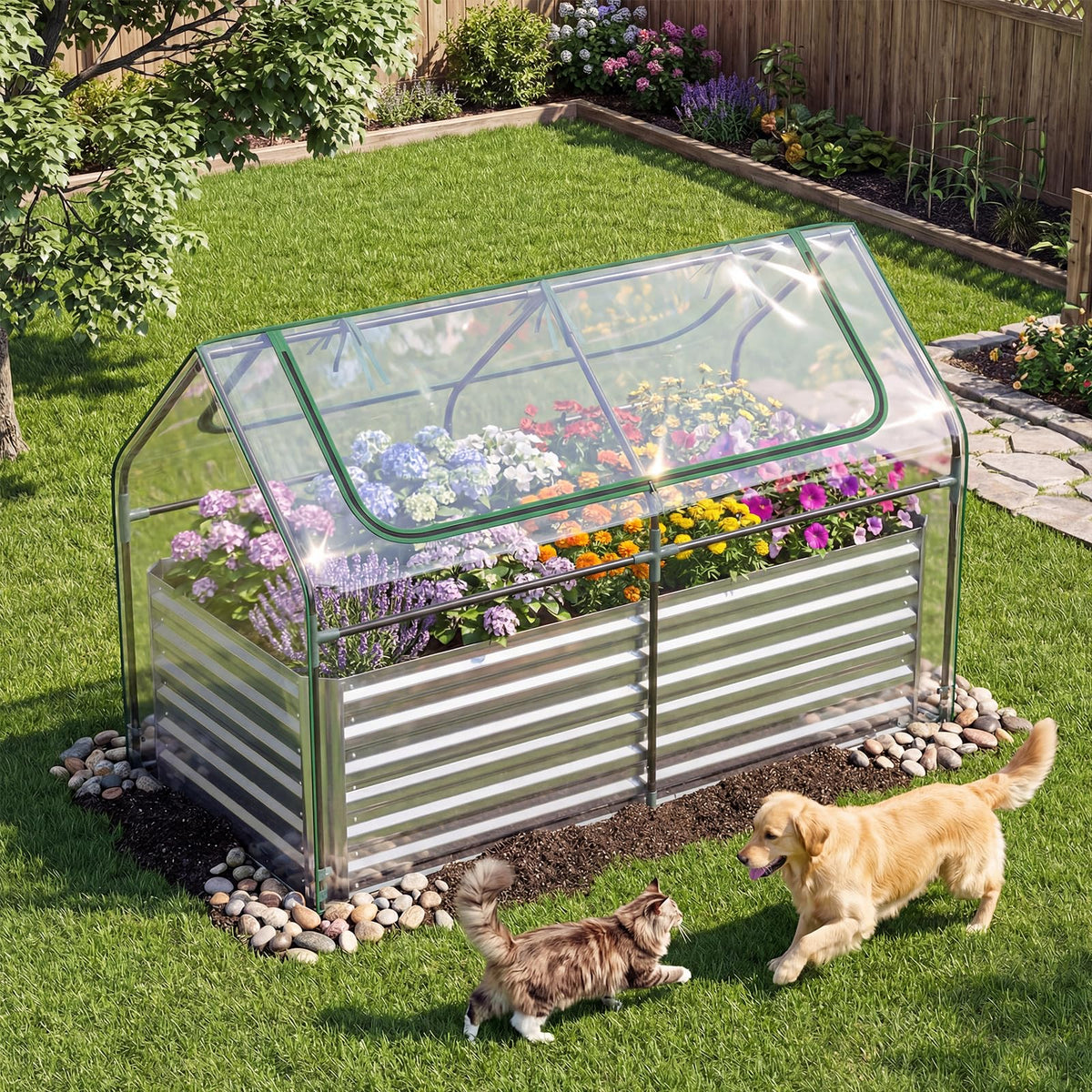 183 x 91 x 122cm 2 Roll-up Windows Metal Raised Garden Bed with Cover and Planter Box for Vegetables