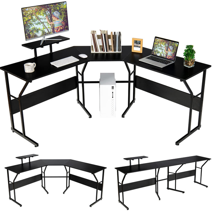 L-Shaped Computer Desk, Home Office Reversible Corner Desk, Movable Monitor Stand, Adjustable Foot Pads