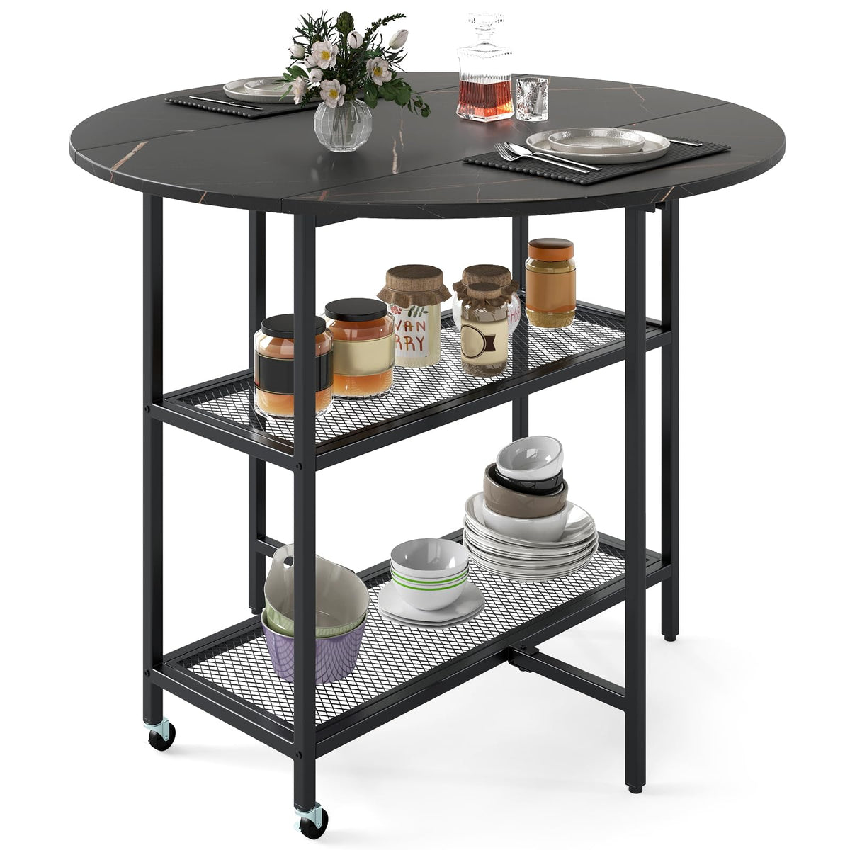 Mobile Folding Dining Table Seats 2-4 People, Round Drop Leaf Kitchen Table