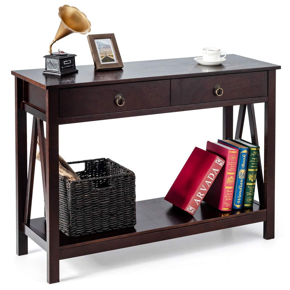 Giantex Console Table with Drawers 3-Tier Couch Table with Storage Shelves