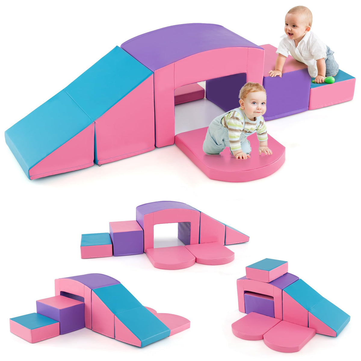 6 Pieces Foam Climbing Blocks with Tunnel Stairs and Ramp for 12 Months+