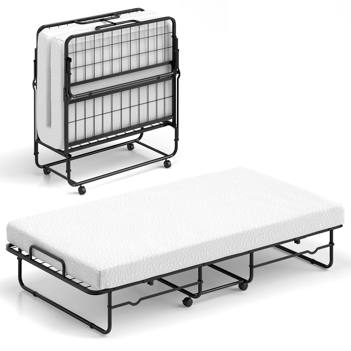 Twin Size Folding Bed, Rollaway Guest Bed with Memory Foam Mattress
