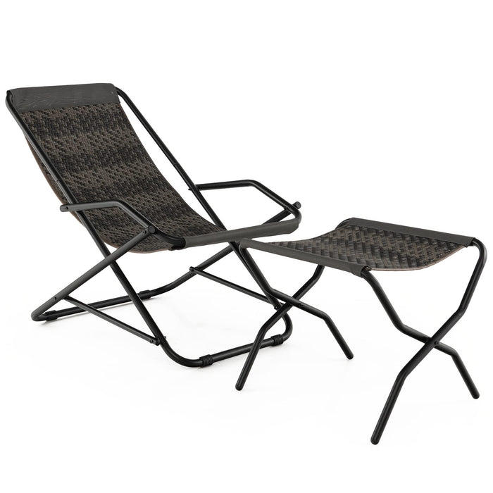 Outdoor PE Wicker Folding Sling Chair with Armrests and Metal Frame