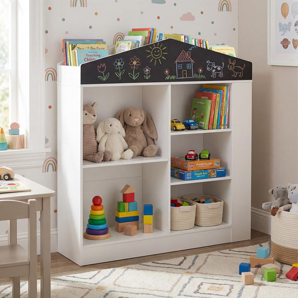Kids Toy Storage Box House Shaped with Compartments and Chalkboard