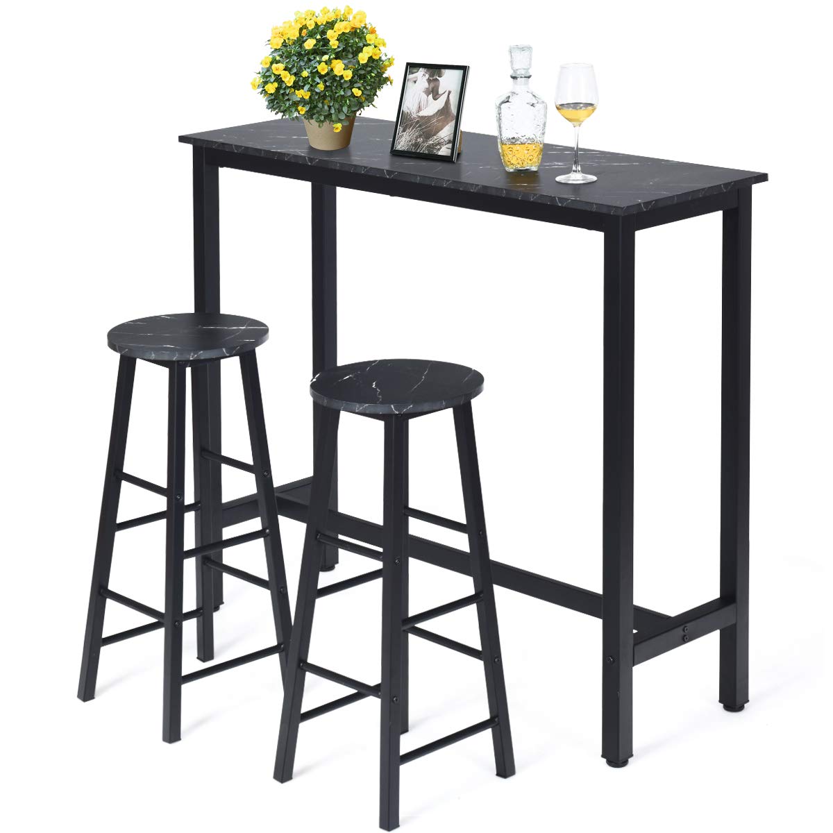 Dining Table Stools Set, 3PCS High Bar Table Set, w/Metal Frame & 2 Bar Stools