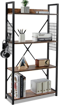 Giantex 4-Tier Bookshelf, Vintage Industrial Open Bookcase w/S-Shaped Hooks, Rustic Brown