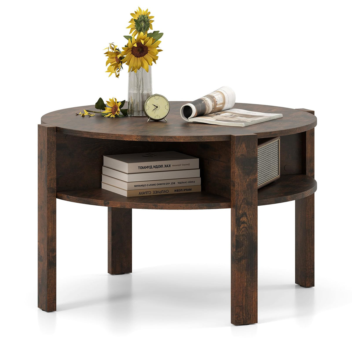 2-Tier Round Coffee Table w/Storage, 75 cm Tea Cocktail Table w/ 4 Shelves
