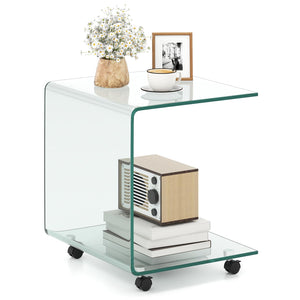 C-Shaped End Table, Modern Tempered Glass Side Table with 2-Tier Shelf