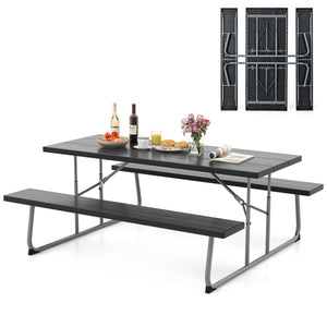 Folding Picnic Table with 2 Benches with Metal Frame and All-Weather HDPE Tabletop