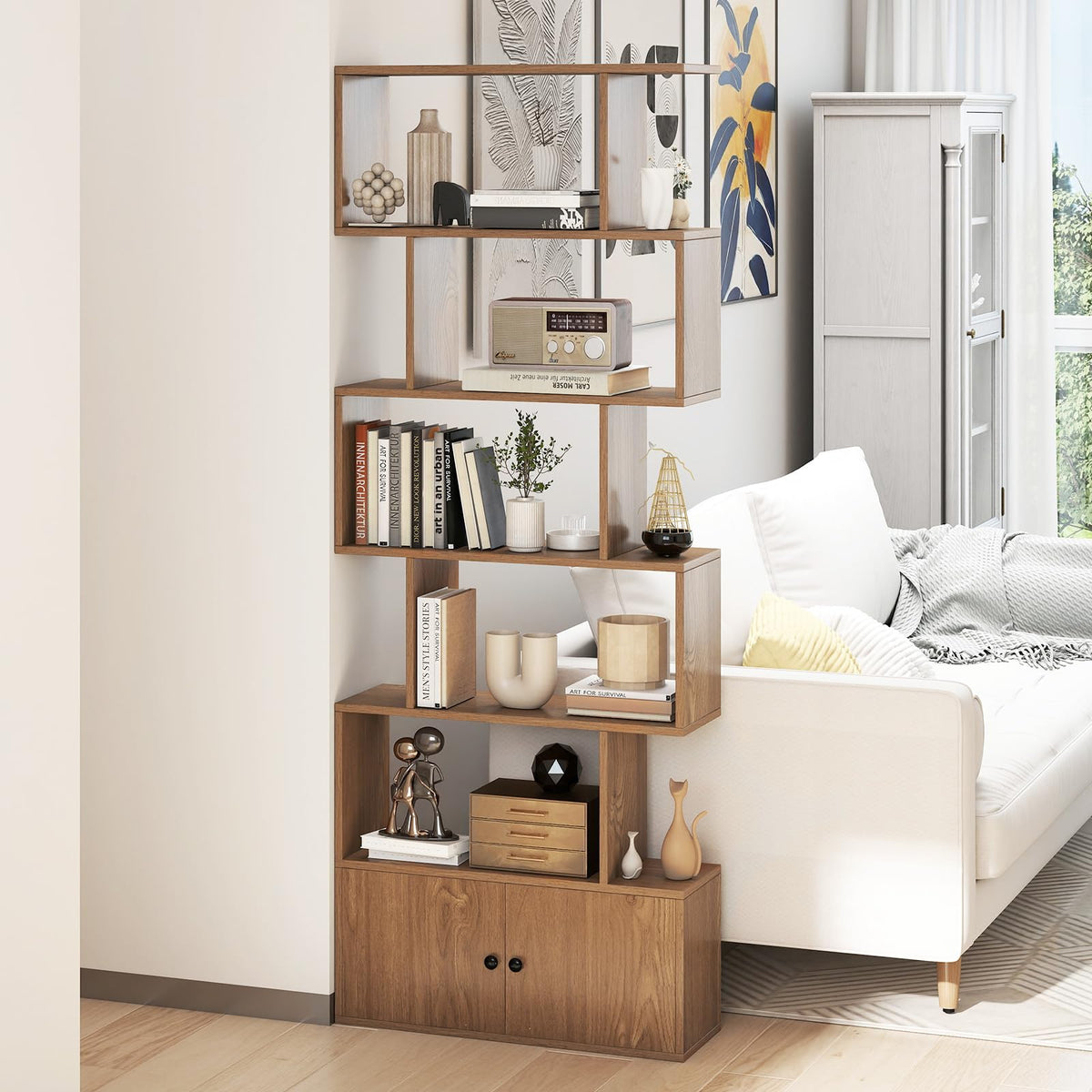 Giantex S-Shaped Bookcase, 6-Tier Bookshelf with Doors and Cabinet
