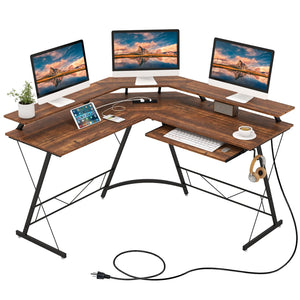 L-Shaped Computer Desk with Power Outlet, 130 cm Corner Computer Workstation with Monitor Stand