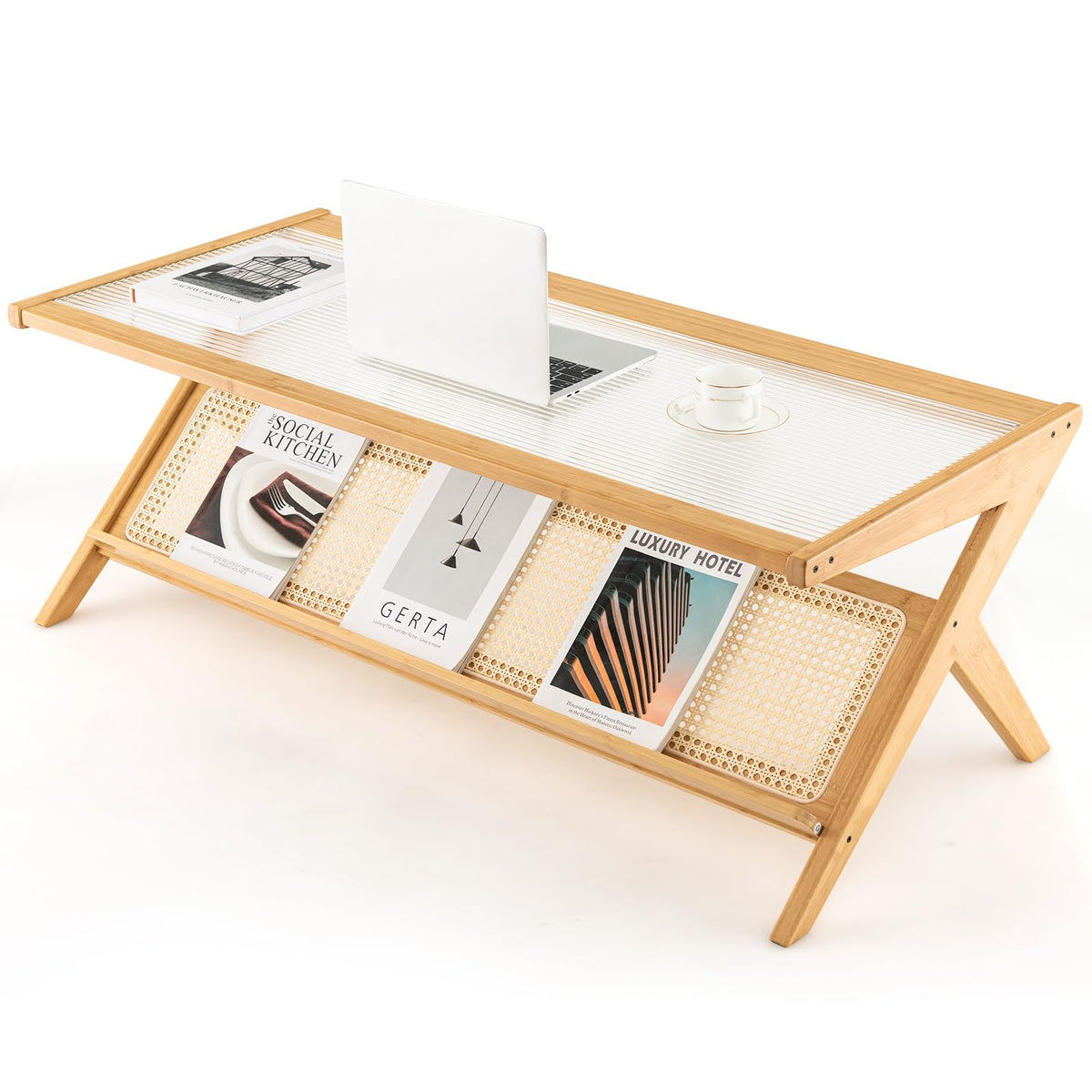 Giantex Bamboo Coffee Table, 120cm 2-Tier Rectangular Coffee Table