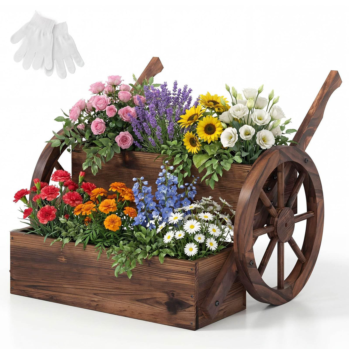 2-Tier Versatile Raised Garden Bed with Wheels and Rustic Wood Wagon Planter
